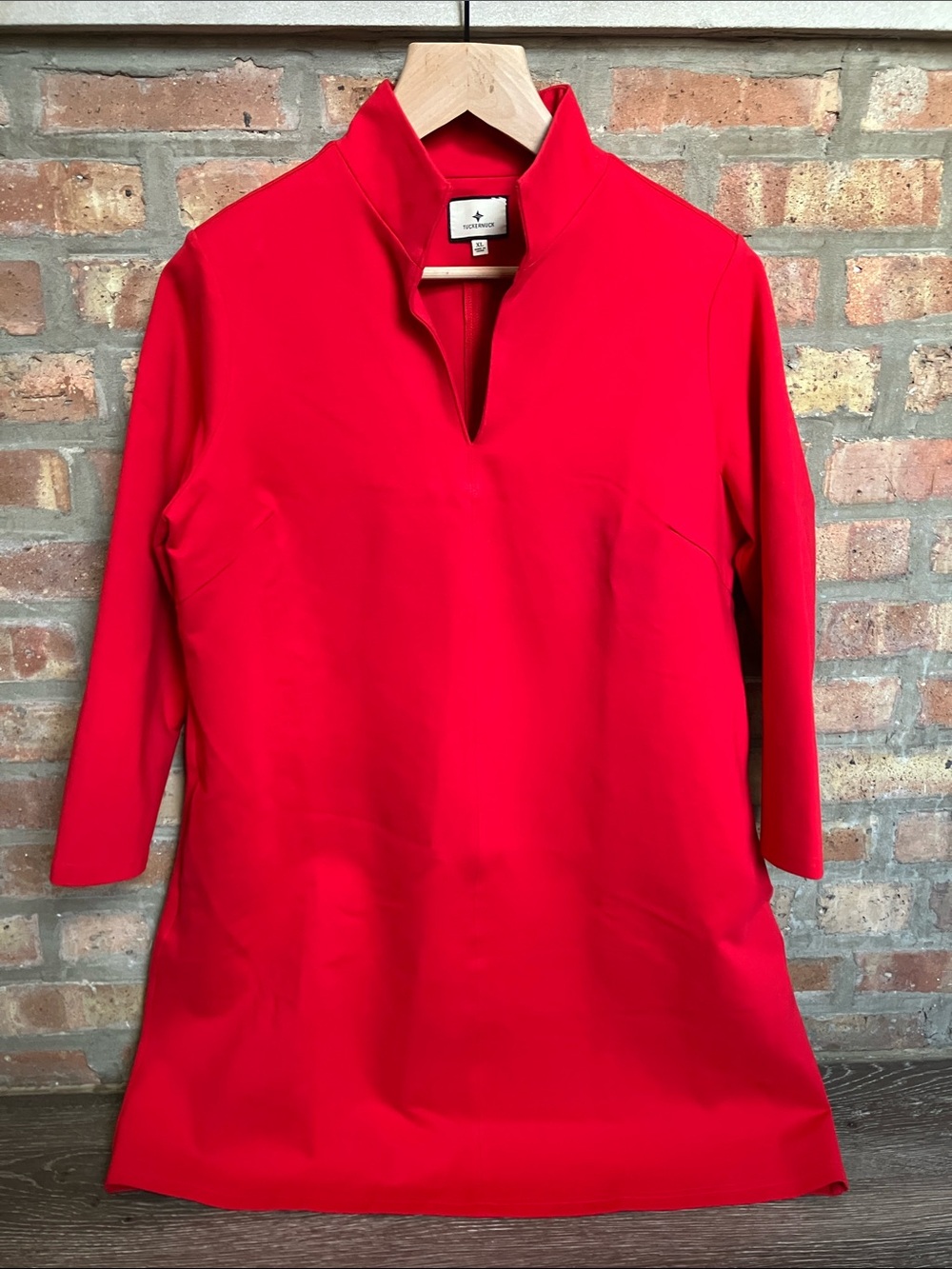Tuckernuck Clifton Dress with a stand collar and 3/4 sleeves.